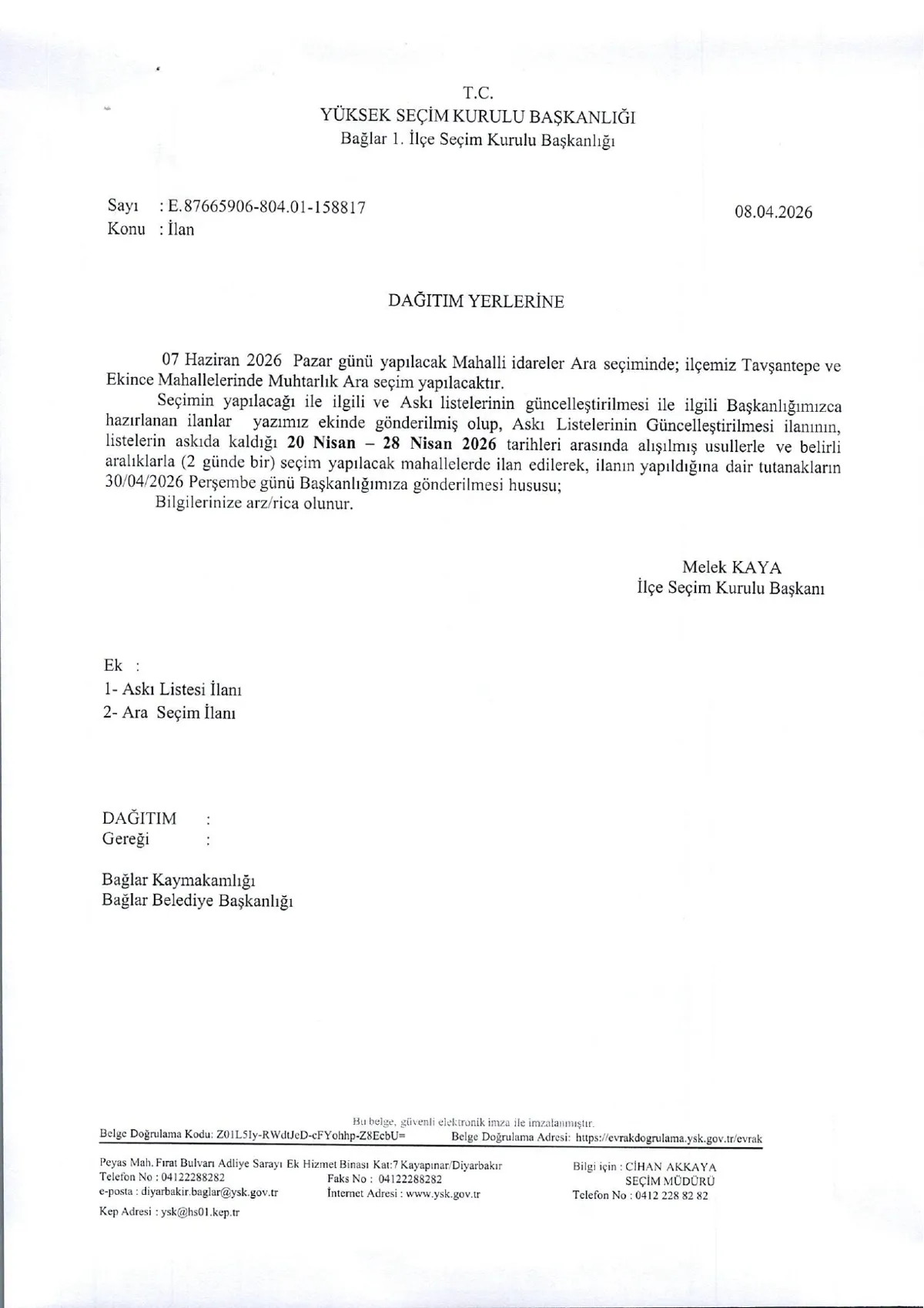 Muhtarlık Ara Seçimi İlanı